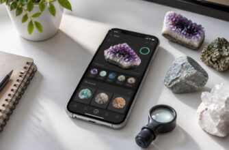 Смартфон с приложением для определения камней по фото, минералы, лупа и блокнот на светлом столе